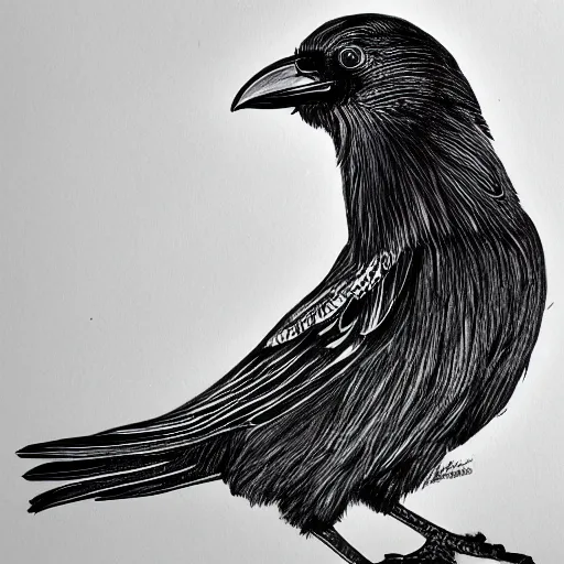 Image similar to detailed crow illustration, full body, concept art, black ink on white paper, sketched 4k