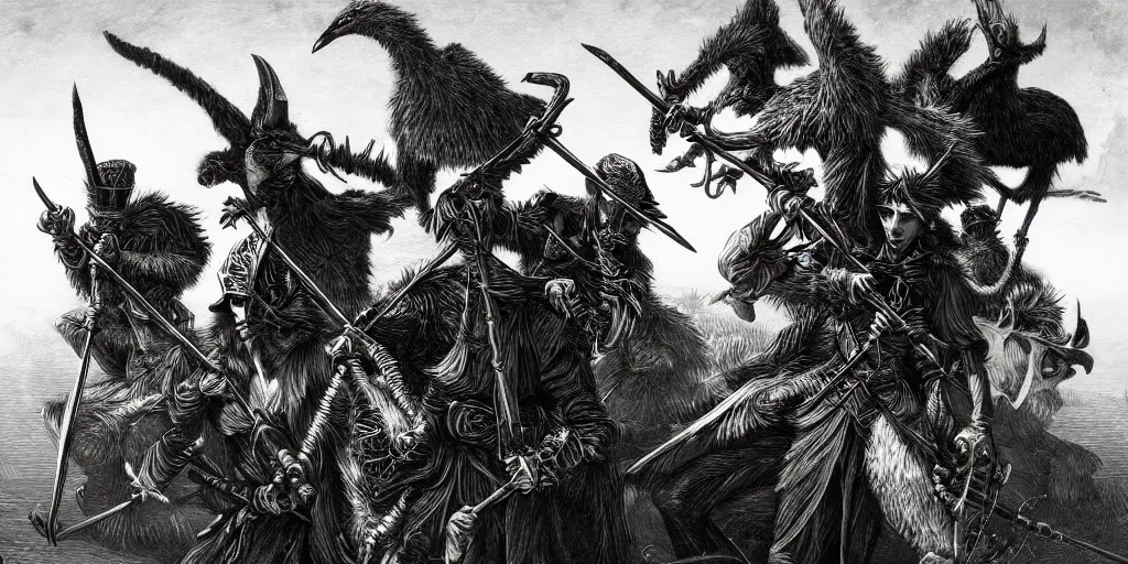 Image similar to a gang of emu banditos, d & d, fantasy, intricate, artstation, sharp focus, digital art, gustave dore, caravaggio,