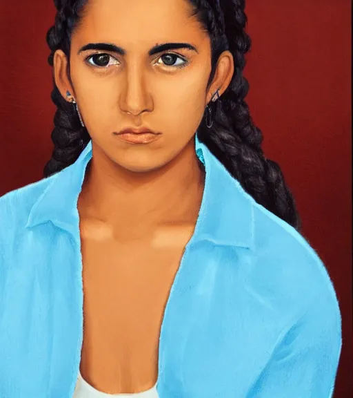 Prompt: a professional portrait of a 1 7 - year - old puerto rican girl with a regal appearance, black eyes, thick hair in a braid going down her back, an intense expression, leader, authoritative, angular features, sharp jawline