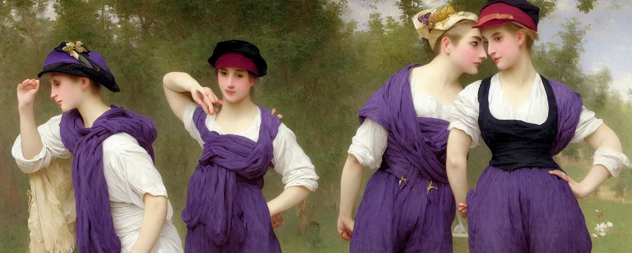 Prompt: A painting of many mysterious girls with short blond hair wearing an oversized purple Beret, Baggy Purple overall shorts, Short Puffy pants made of silk, silk shoes, a big billowy scarf, Golden Ribbon, and white leggings Covered in stars. Short Hair. Sunlit. Haute Couture.Art by william-adolphe bouguereau and Paul Delaroche and Alexandre Cabanel and Lawrence Alma-Tadema. Smooth. Elegant. Highly Detailed. Intricate. 4K. UHD. Denoise.