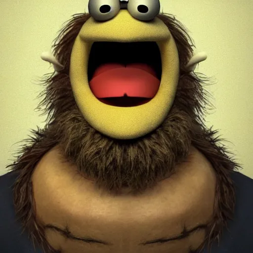 Image similar to a still of a forgotten muppet character looking very manly and modern, hilarious, laughing, hairy chest, huge chin, manly monster tough guy, roughled fur, photo real, photographic, photograph, artstation, trending, featured