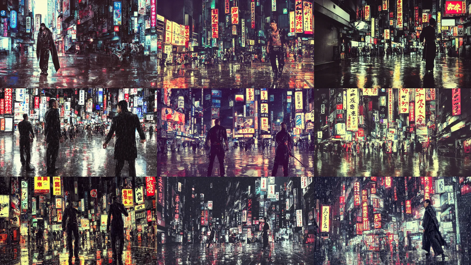 Prompt: low - angle ~ yakuza abdefa ~ in tokyo japan ~ katana on his back. downtown tokyo. wet streets. rain. night. streetlights ; mystery ; scary ; scarred | cyberpunk | raytracing | futurism | fantasy | highly detailed | trending on artstation | sharp focus : art by artgerm, greg rutkowsky, magali villeneuve'
