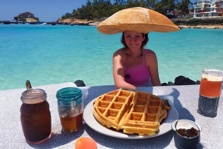 Prompt: a big waffles in the beach