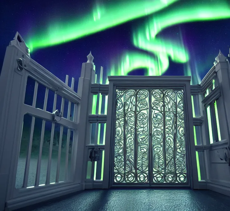 Image similar to a very detailed concept art of intricate and light gates to aurora borealis, trending on artstation, symmetry, digital art, 4 k, hyper realistic, octane render, sharp focus