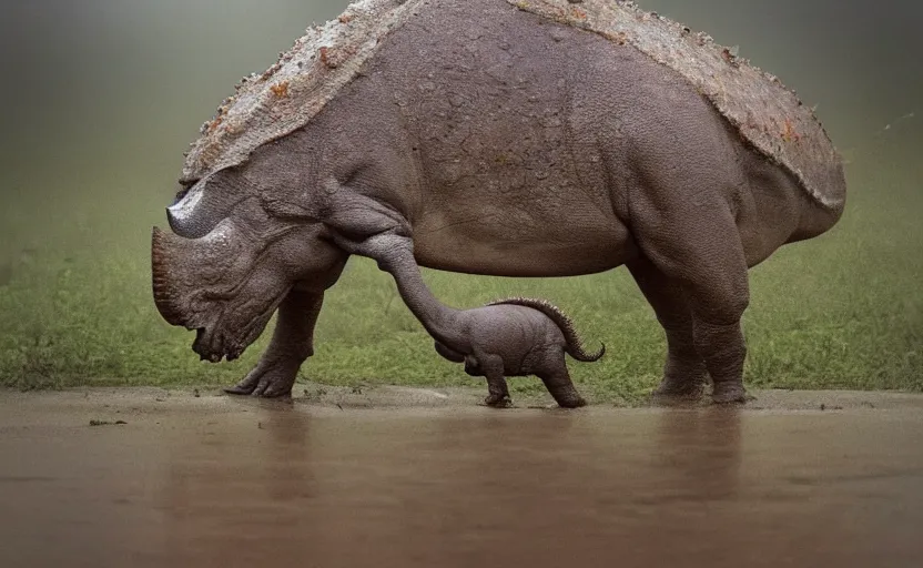 Prompt: nature photography of a rain soaked triceratops and her baby, african savannah, rainfall, muddy embankment, fog, digital photograph, award winning, 5 0 mm, telephoto lens, national geographic