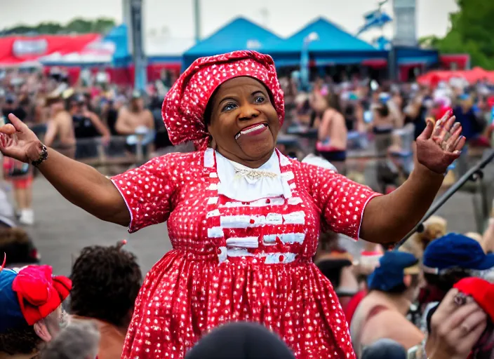 Image similar to photo still of aunt jemima in period attire at vans warped tour!!!!!!!! at age 4 0 years old 4 0 years of age!!!!!!! on stage throwing pancakes to the crowd, 8 k, 8 5 mm f 1. 8, studio lighting, rim light, right side key light