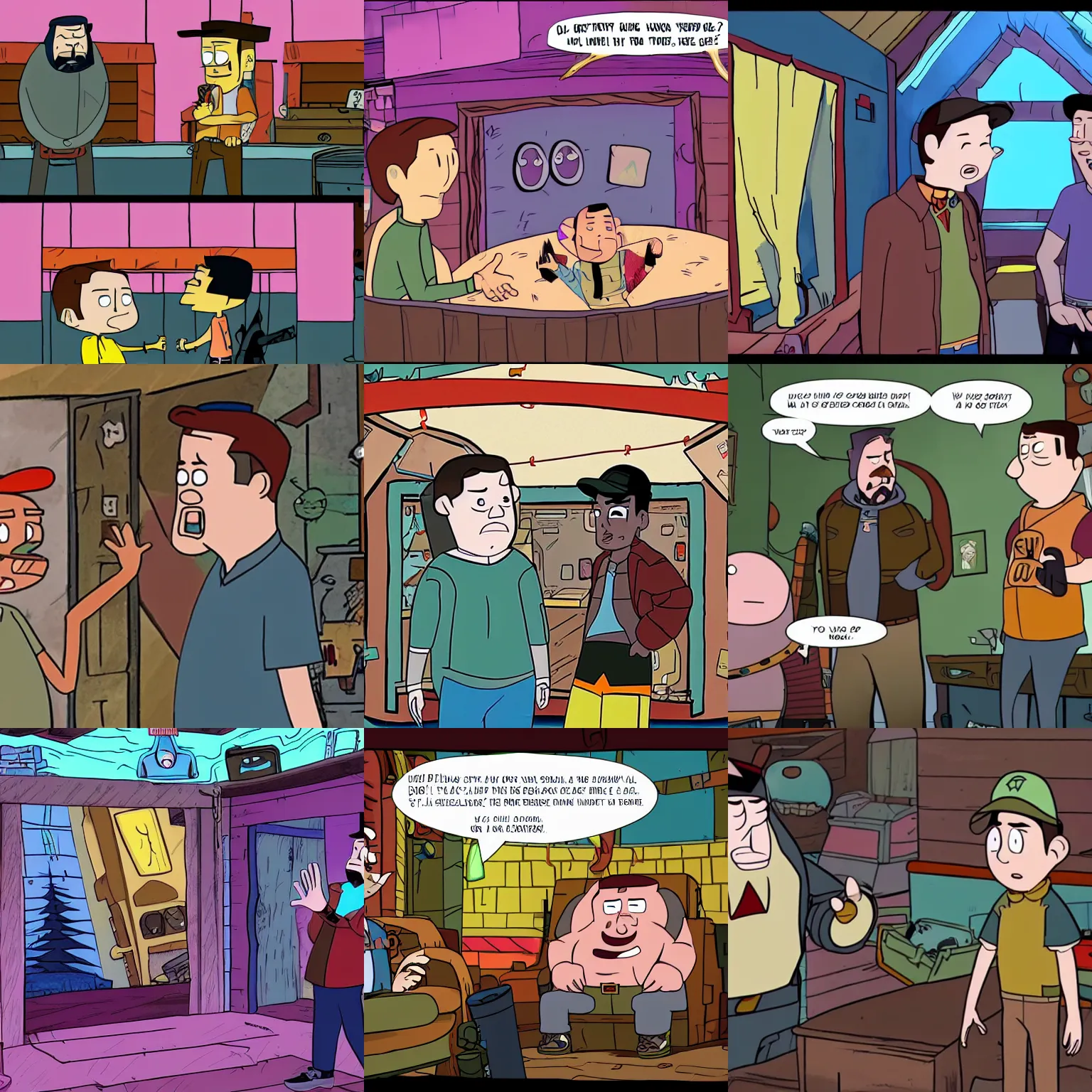 Prompt: screenshot of wil wheaton talking to soos ramirez inside the mystery shack, from gravity falls ( 2 0 1 2 )