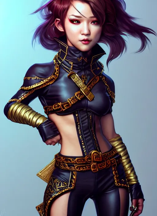 Image similar to rogue, fantasy ornate leather bandit outfit!!! close - up portrait beautiful and athletic short hair female!! gorgeous face and eyes!! character concept art, sharp focus, octane render! unreal engine 5! highly rendered!! trending on artstation!! detailed linework!! illustration by artgerm, wlop, and chie yoshii