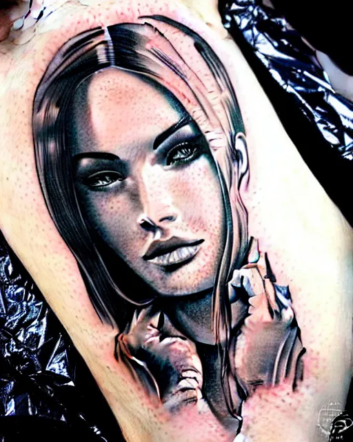 Image similar to double exposure effect tattoo design sketch of megan fox with beautiful mountains, realism tattoo, in the style of andrey lukovnikov, amazing detail, sharp, surrealist