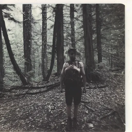 Prompt: a polaroid picture of a hiker in a forest before he went missing there is a wendigo hiding in the background,