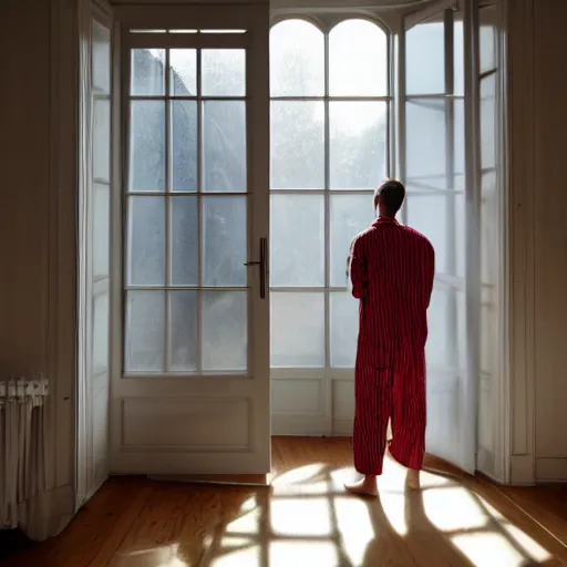 Prompt: person in pyjamas standing near window, sun rays, daylight, french door window, 2 4 mm, anamorph lenses, photorealistic, high ceiling, style by vilhelm hammershøi