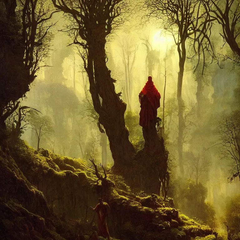 Image similar to a detailed landscape painting inspired by moebius and beksinski of a great forest with path and man with a cape over his head. fantasy poster. cinematic fantasy scene. aurora lighting. fantasy. carl spitzweg. baroque elements. baroque element. intricate artwork by caravaggio. oil painting. award winning. dramatic. trending on artstation. 8 k