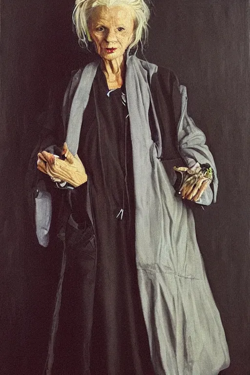 Prompt: standing portrait of an old wizened woman dressed in cyberpunk - inspired designer streetwear by vivienne westwood, painted by albrecht anker, beautiful painting, soft lighting