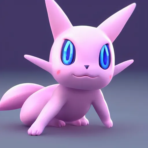 Image similar to nymph render of a very cute 3d Mew pokemon, adorable eyes, cute smile, full round face, bright sunny time, serene forest setting, medium shot, mid-shot, highly detailed, trending on Artstation, Unreal Engine 4k