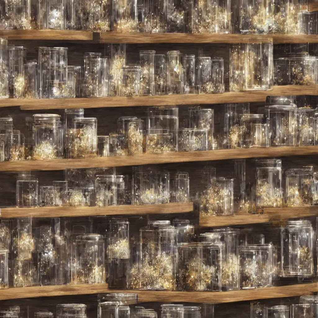 Prompt: a wooden shelf full of glass jars containing galaxies, concept art, science fiction, futuristic style, illustration, digital art