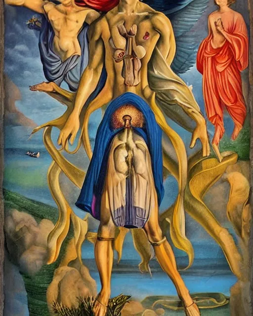 Image similar to surrealism : godly men from the realm of universe, hyperreal, detailed, the judgement an angel simetrical for the tarot of marseille, riddim, directorio