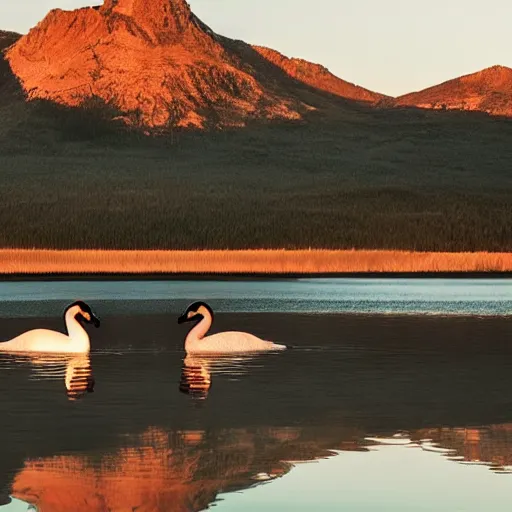 Image similar to photo of two black swans touching heads making a heart with their necks, in a beautiful reflective mountain lake, a colorful hot air balloon is reflecting off the water