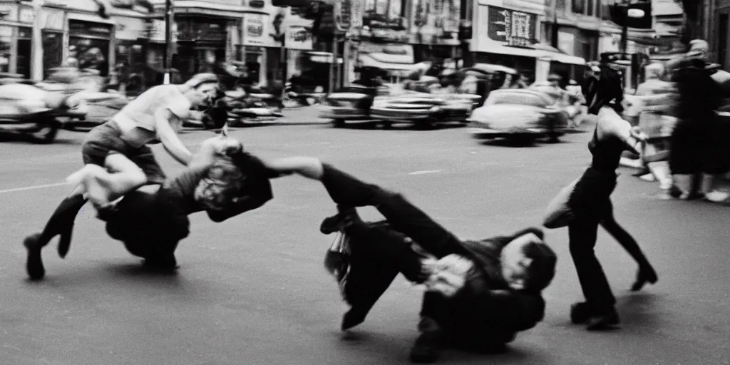 Prompt: a woman attacking a man in the middle of the street in the 1950's, hysteria, candid photo, black and white, film, low shutter speed