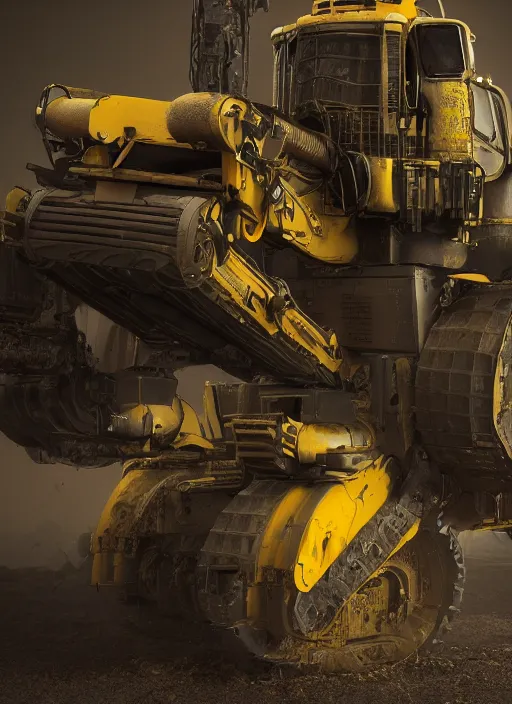 Image similar to a photorealistic dramatic hyperrealistic render of a futuristic caterpillar exosuit power dozer heavy machinery, ultra realistic details, glossy yellow, well worn, rust, oil stains by vitaly bulgarov and mike nash, beautiful dramatic dark moody tones and lighting, cinematic atmosphere, studio lighting, global illumination, shadows, dark background, octane render, 8 k