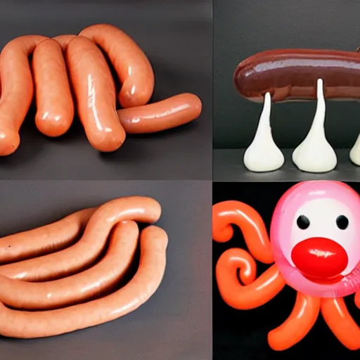 Prompt: balloon animals made of sausages, photorealistic