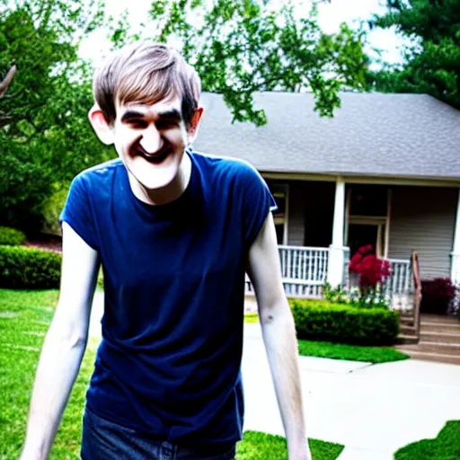 Prompt: bo burnham outside of his house, smiling and dancing