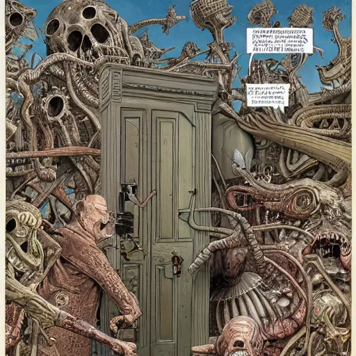 Image similar to opening a door to an impossible nightmare beyond comprehension, very very detailed painting by geof darrow and greg rutowski and hr giger