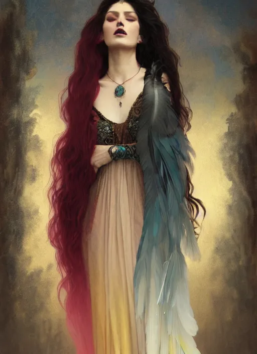 Image similar to ombre velvet gown, crying queen of feathers, portrait, long raven hair, tattered dress, dozens of jeweled necklaces, feral languid woman, by greg rutkowski, anato finnstark, alphonse mucha, global illumination, radiant light
