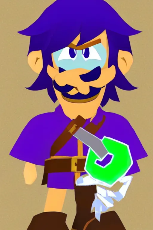 Prompt: an in game portrait of waluigi from the legend of zelda breath of the wild, breath of the wild art style.