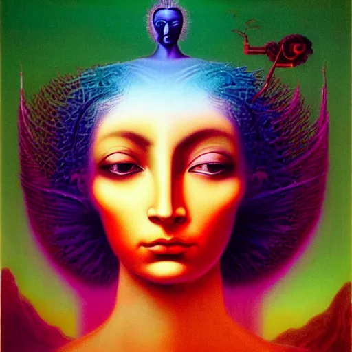 Prompt: beautiful face of goddess with a vibrant hair by asher brown durand, center, profile picture, portrait by pantokrator, cybernetic cyborg by beksinski, transcending into divine by dali, detailed artwork