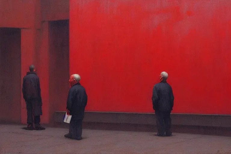 Image similar to only with red, a red old man try to sell a portrait, a crowd cheering, in a city square, in the style of beksinski, parts by edward hopper, parts by rodcenko, parts by yue minjun, intricate and epic composition, red by caravaggio, insanely quality, highly detailed, masterpiece, red light, artstation, 4 k