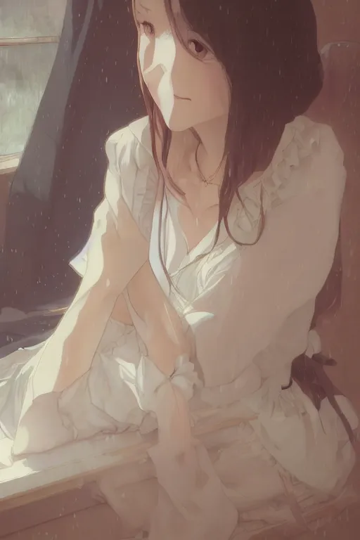 Image similar to a girl in a maid's outfit in the bedroom a night, raining outside the window, wavy white long hair, by krenz cushart and mucha and akihito yoshida and greg rutkowski and makoto shinkai and rei 0 7, detailed eyes, 4 k resolution