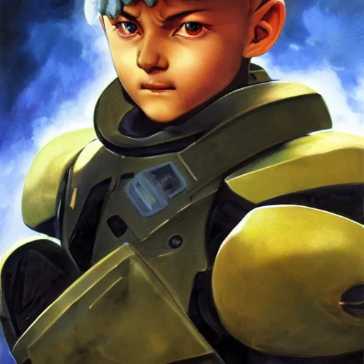 Image similar to ultra realistic portrait painting of killua as master chief, art by frank frazetta, 4 k, ultra realistic, highly detailed, epic lighting