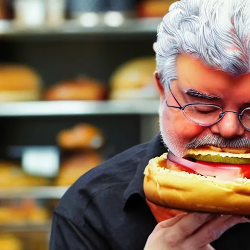 Prompt: a cheeseburger eating george lucas