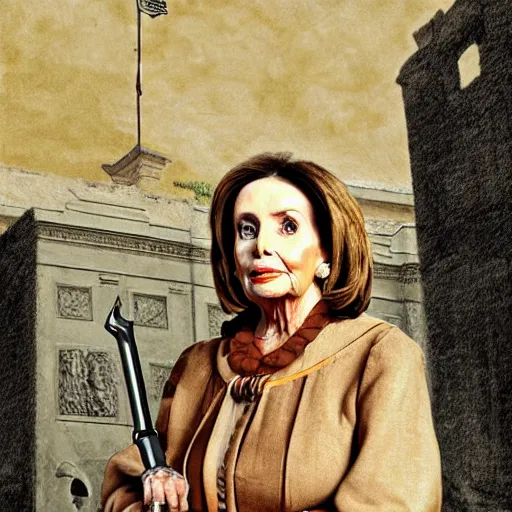 Image similar to painting of nancy pelosi standing in front of 1 6 th century backdrop. she looks like vigo the carpathian wearing armor. patina on armor. she ominously stares forward. she looks like a brutal warlord. hand on hip, arm resting on large stone. sepia toned. dramatic lighting. painting by lou police for ghostbusters 2.