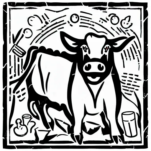 Image similar to the devil, cow, pig, sheep, chicken, summoning circle, white on black vector ink drawing, demonic, diabolic, hostile