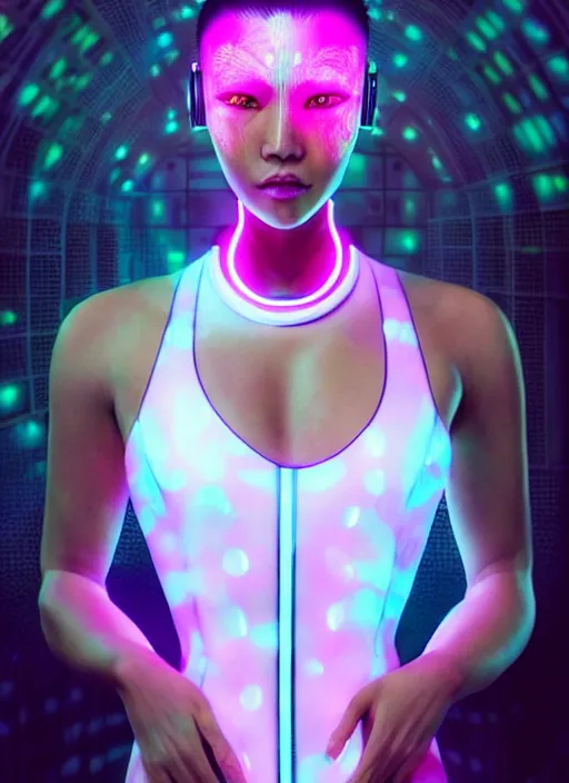 Image similar to an exotic asian female humanoid with freckles on face, cyber neon lighting, futurism, intricate, cyberpunk glossy white latex swimsuit, profile posing, hyper photorealistic, crispy quality, digital photography, trending in artstation, trending in pinterest, cinematic, 4 k ultra hd, art by pascal blanche, art by greg rutkowski,