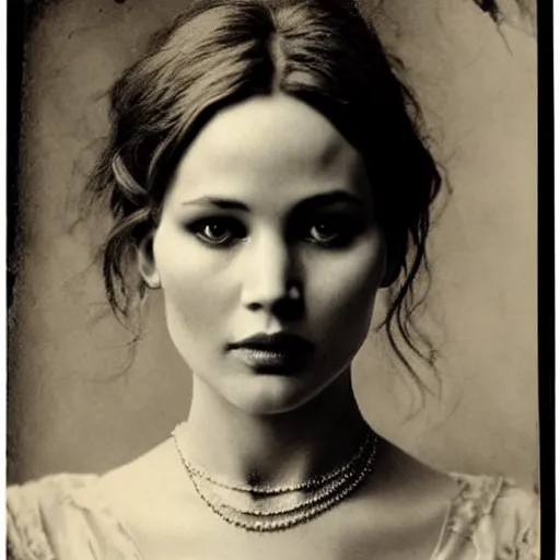 Image similar to victorian photograph of grace jennifer lawrence, angelina jolie, 1 8 9 0 s photography, 1 9 0 0, realistic face, symmetrical face, studio photograph, grainy, edwardian, old photo