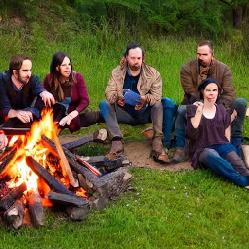 Prompt: vox machina sitting around a camp fire