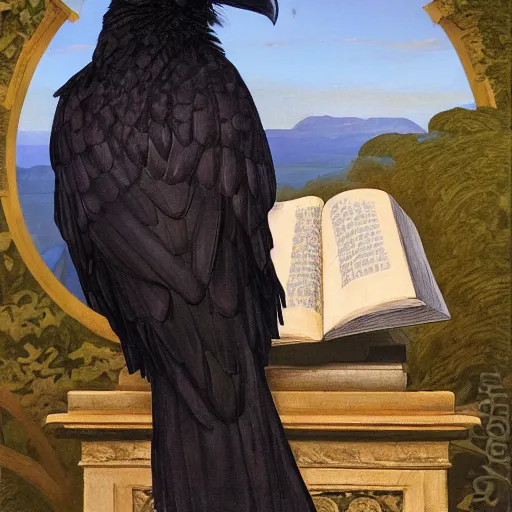 Image similar to beautifully detailed portrait of a detailed raven looking at a book laid out on a golden silk cloth, in a serene beautiful stone arched garden at beautiful sunrise by frederic leighton and by rosetti and sidney cooper, 4 k, artstation