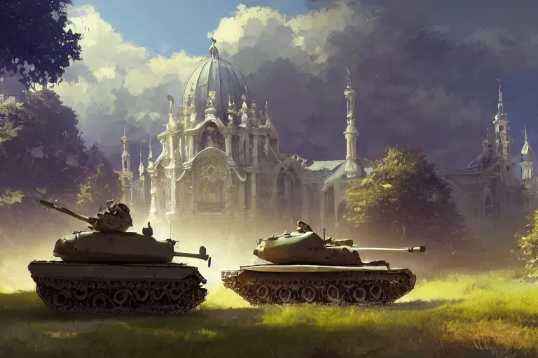 Image similar to a tank which looks like a ornate baroque church, scene in an open field. key visual, conceptart, ambient lighting, highly detailed, digital painting, artstation, concept art, sharp focus, by makoto shinkai and akihiko yoshida and greg manchess