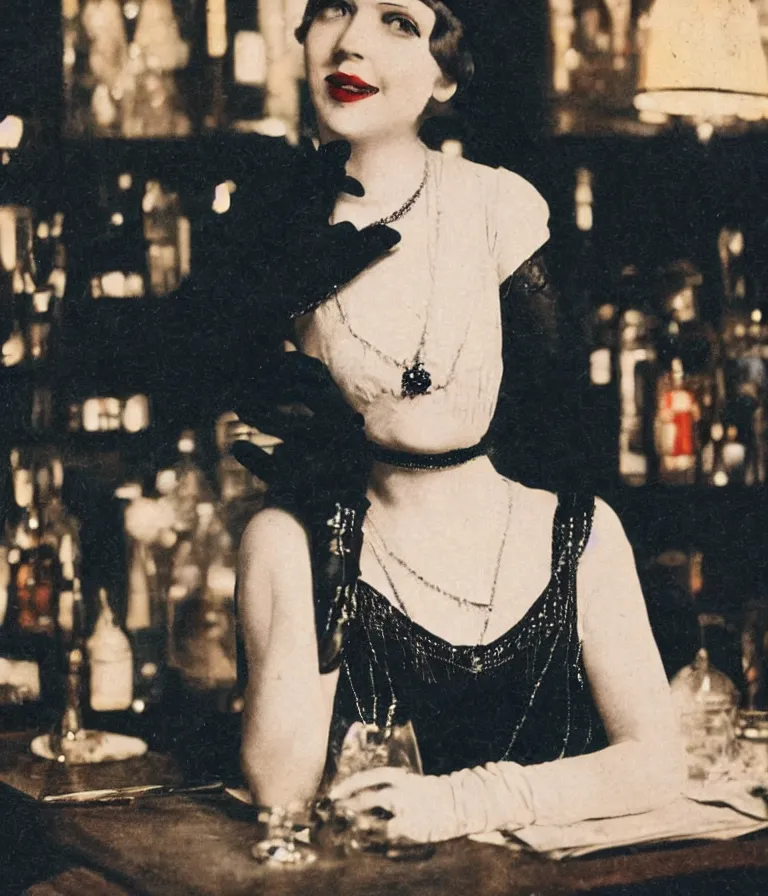 Prompt: close - up antique grainy colored photo of a 1 9 2 0 s short - haired flapper woman in black satin gloves sitting at a table and smirking seductively at the camera, in a crowded dimly lit speakeasy bar, jazz age, cohesive, 5 0 mm photography, precise, cinematic, low - lighting, photography