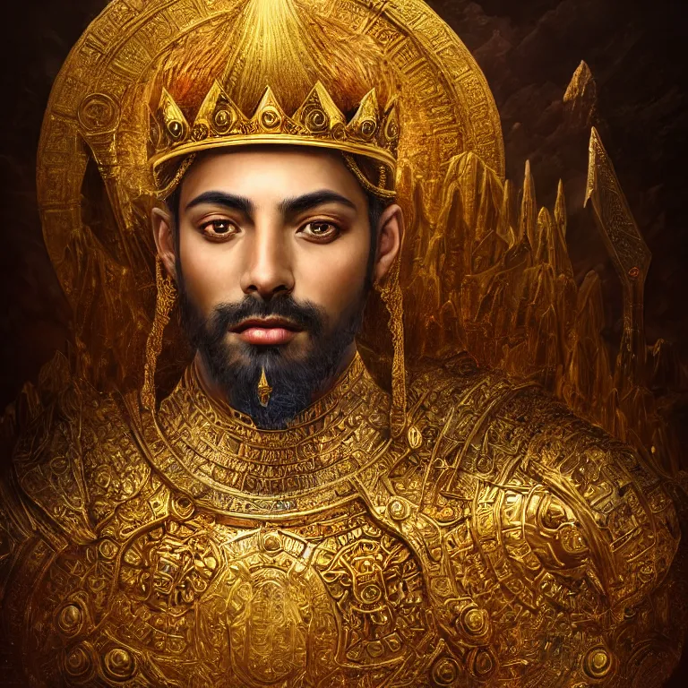 Image similar to highly detailed portrait of agharta ´ s king brightening on gold majestic in the entrance kingdom of agharta, land of advanced races, giant, hollow earth infographic, hiperrealistc, global illumination, radiant light, detailed and intricate environment, trending on artstation, art by oleg oprisco, 8 k