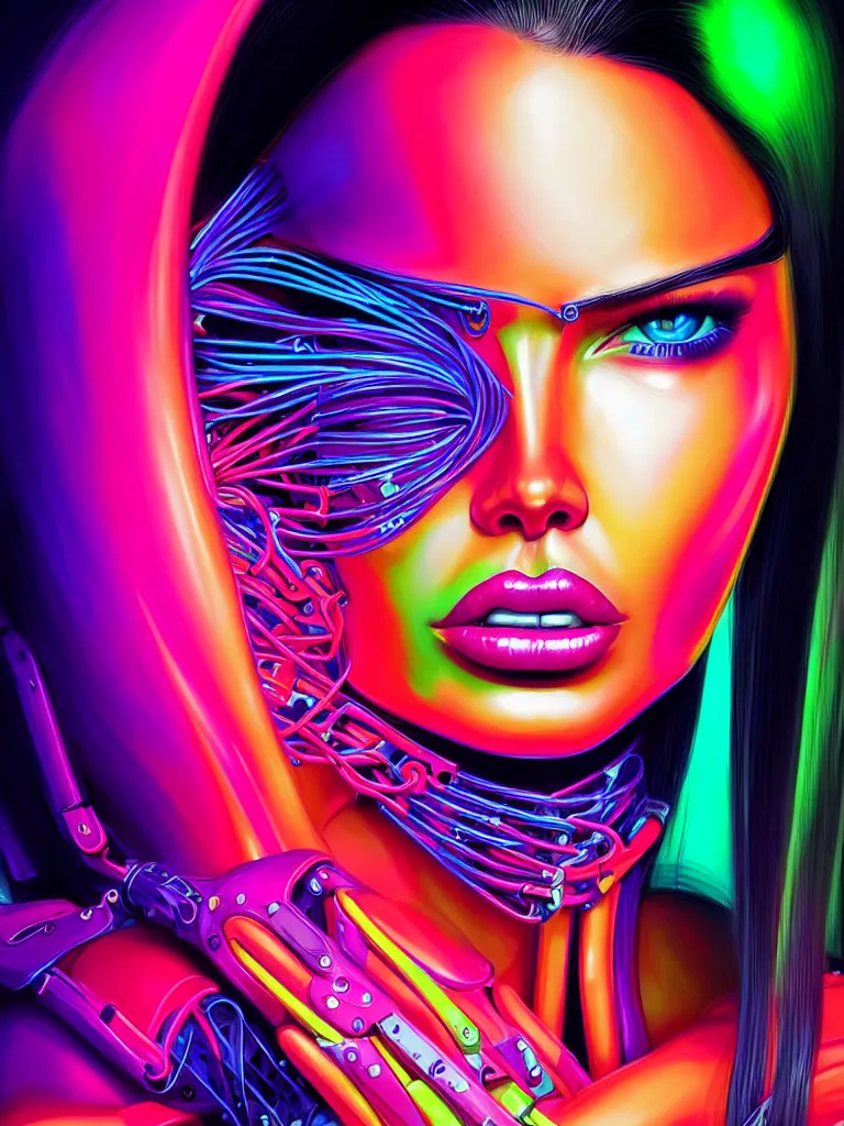 Prompt: Portrait face fronting of Adriana Lima wearing epic bionic cyborg implants of diferent neon colors, cables implants by Dan Mumford and Naoto Hattori and Aldo Katayanagi, extremely beautiful and proportionate face, in the aesthetic of mert and marcus, masterpiece, intricate, elegant futuristic wardrobe, highly detailed, digital painting, artstation, concept art, crepuscular rays, smooth, sharp focus, illustration, background is made of stars and vibrant space nebula, neon cyberpunk vibrant colors, volumetric lighting, art by artgerm and james jean and Nick Sullo