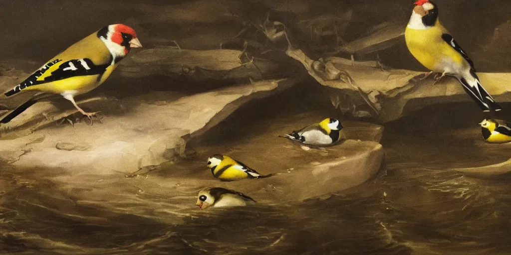 Image similar to painting of a goldfinch drowning in a river of nightmares. by theodore gericault, realistic oil painting, 4 k, studio lightning, award winning, very detailed shadows