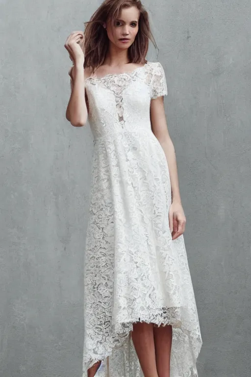 Image similar to a short beautiful high low lace dress, wedding dress, bohemian, detailed lacework, lace dress, romantic dress, white and silver, floral lacework