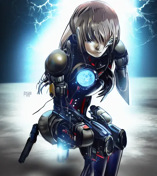 Image similar to anime tired damaged cyborg girl angry crouching detailed rendering realistic depth of field lens flare photo by Leica Zeiss hd with frank Miller Alex Ross giger style trending Flickr