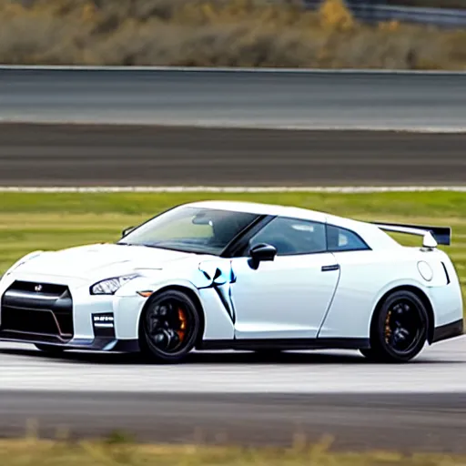 Prompt: a 2 0 1 7 nissan gt - r premium driving on a race track