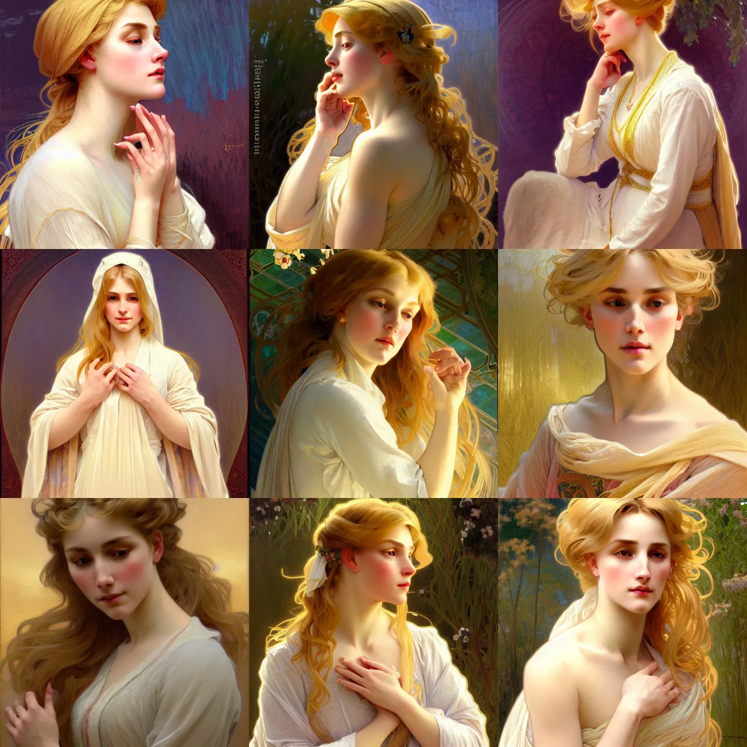 Prompt: painted portrait of a modest wife blessed by god with ever - increasing intelligence beauty and virtue. blonde, clothed holy body, light effect. feminine, powerful, in clothes! intricate, elegant, highly detailed, digital painting, artstation, concept art, smooth, sharp focus, illustration, art by gaston bussiere and alphonse mucha