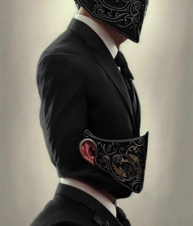 Image similar to ultra realistic illustration, a male with black mask, suit and tie, intricate, elegant, highly detailed, digital painting, artstation, concept art, smooth, sharp focus, illustration, art by artgerm and greg rutkowski and alphonse mucha