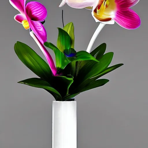 Image similar to rainbow colored genetically modified blend of rose lily carnation orchid ranunculus anenome!!, floral arrangement in futuristic!! vase made of mother of pearl, architectural digest, year 2 3 0 0